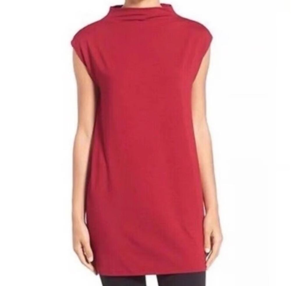 Eileen Fisher Red Mock Neck Cap Sleeve Tunic Top Sz XS
